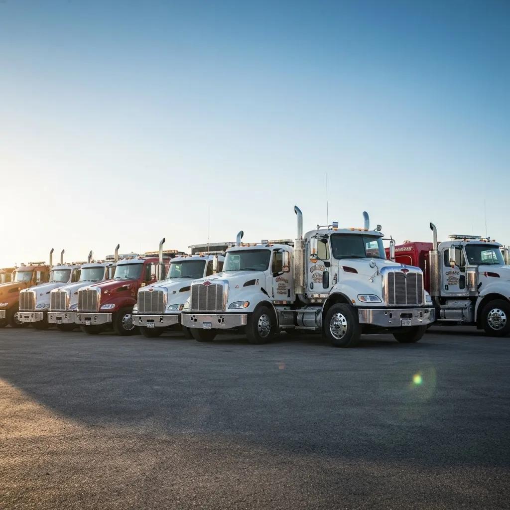 Diverse fleet of Golden Hook Towing trucks showcasing light, medium, and heavy-duty towing capabilities