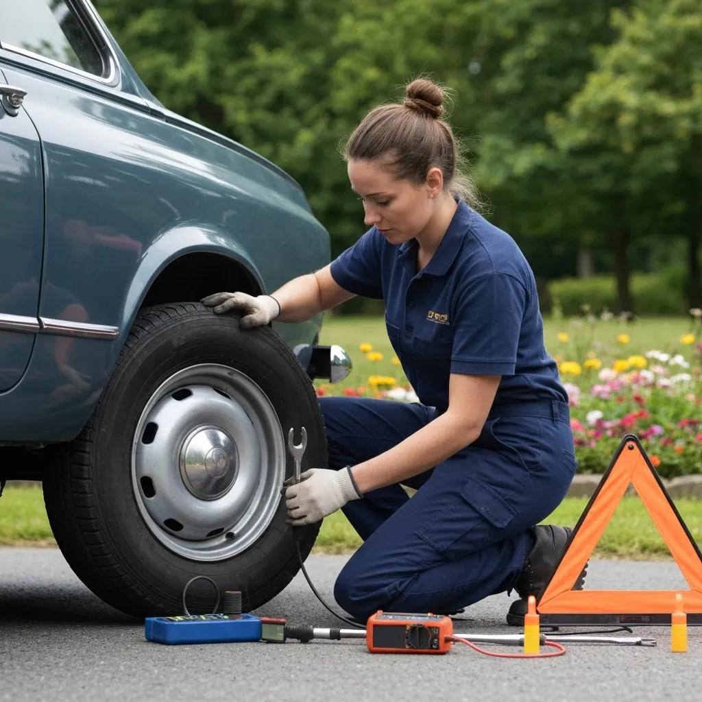Technician changing a flat tire on a vehicle at the roadside, illustrating fast tire repair services
