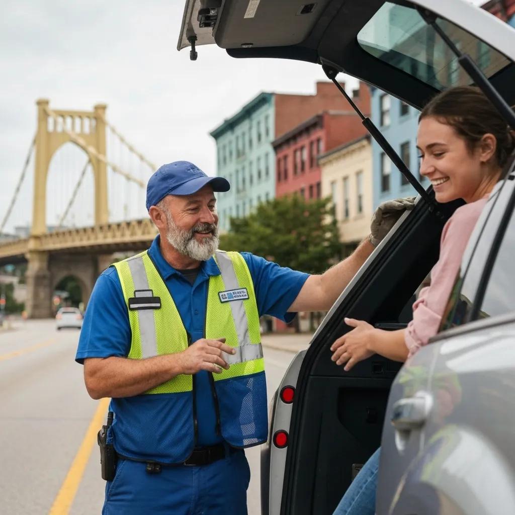 Tow truck operator assisting a stranded driver on a Pittsburgh road, showcasing emergency towing services